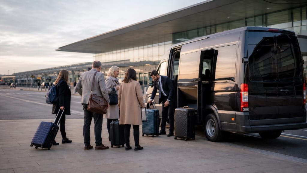 Adult travellers loading luggage into a minibus for an airport transfer