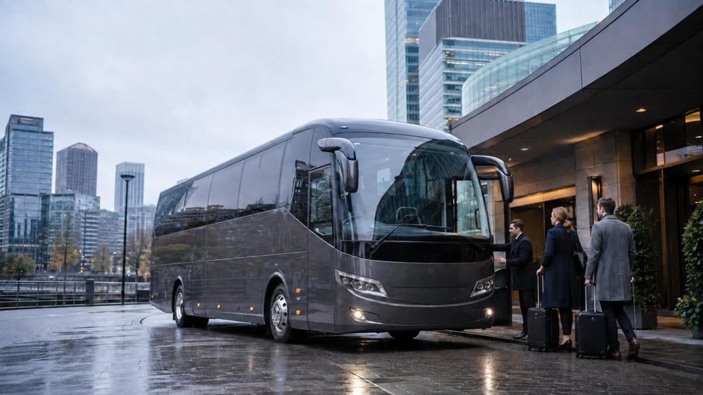 Executive coach collecting business travellers outside a London hotel