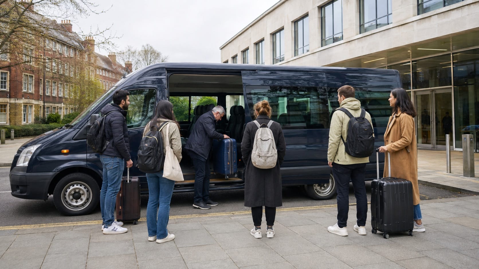 Adult university students boarding a minibus with luggage at a UK campus.